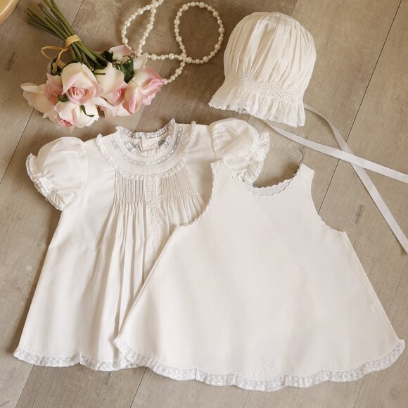 Ivory Heirloom Dress Slip Bonnet Set Feltman Brothers Lace Inlays  Embroidery NWT